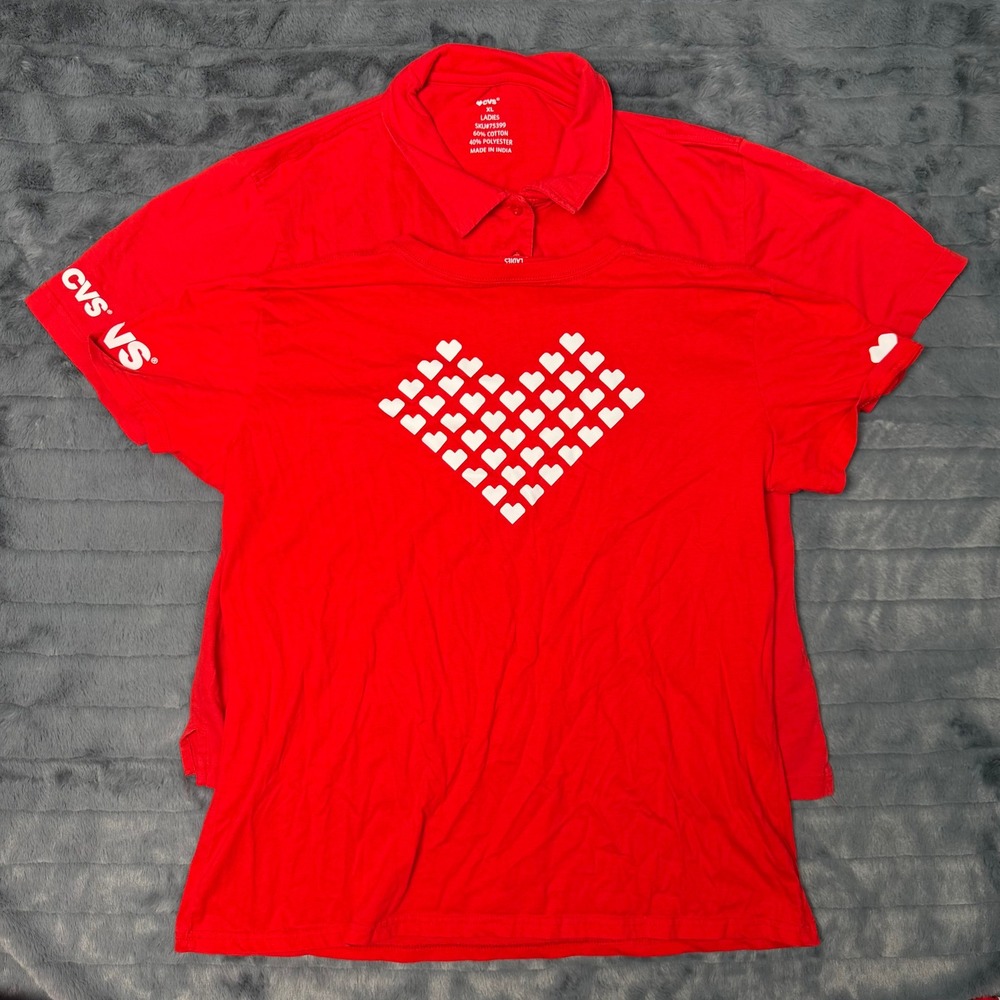 CVS Polo and T-Shirt Bundle Women XL Red Heart Graphic Work Uniform Set